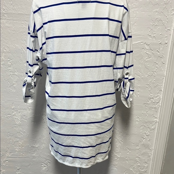 Nautica White and Blue Striped Boxy Long Sleeve 3/4 Length Top Tee - Picture 8 of 10